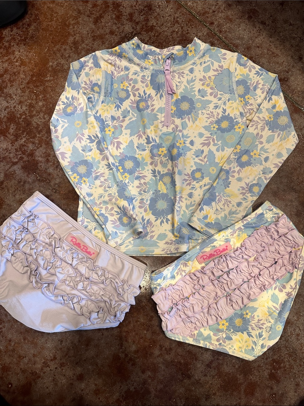 RuffleTwo Pastel Floral Rash Guard Set - Pink & Blue